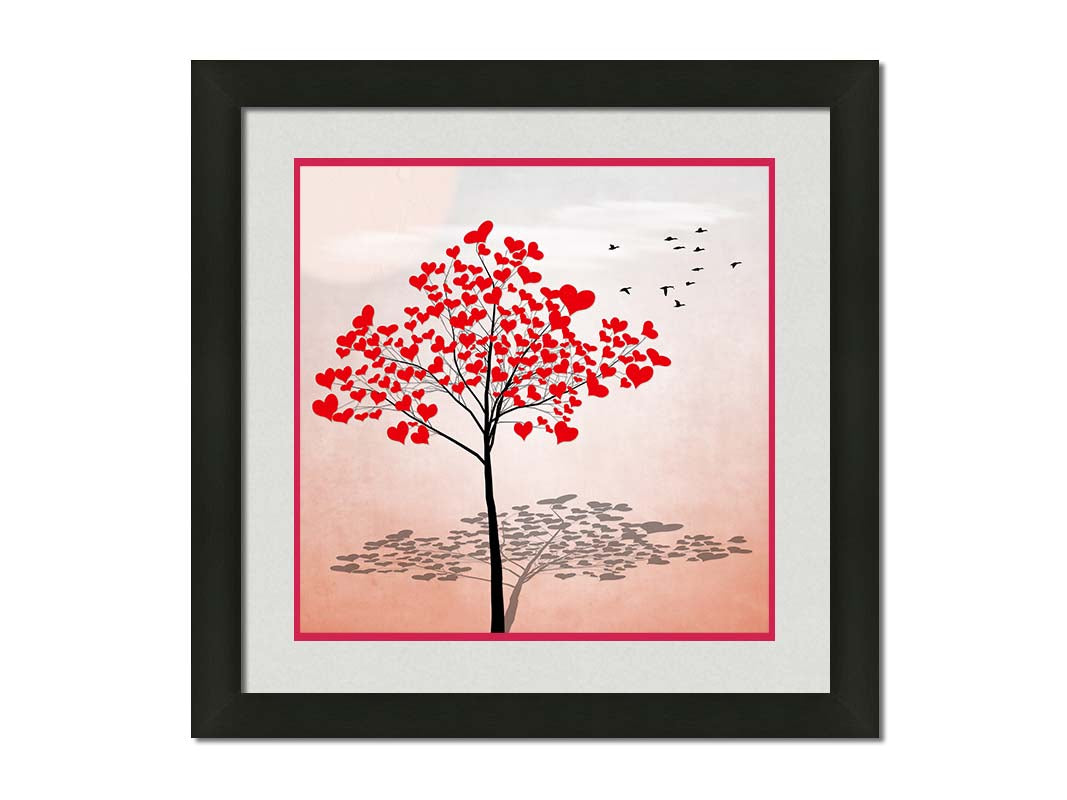 A graphic of a tree with red heart icons for leaves against a white and pink background. Printed on paper, matted, and framed.