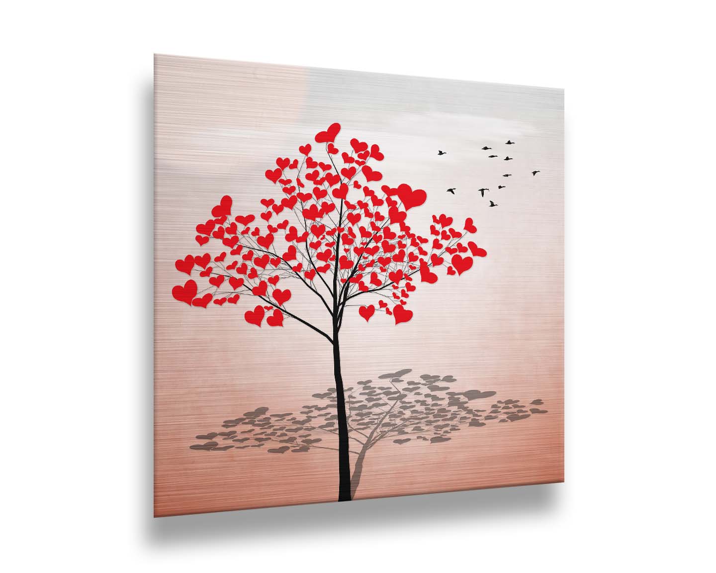 A graphic of a tree with red heart icons for leaves against a white and pink background. Printed on metal.