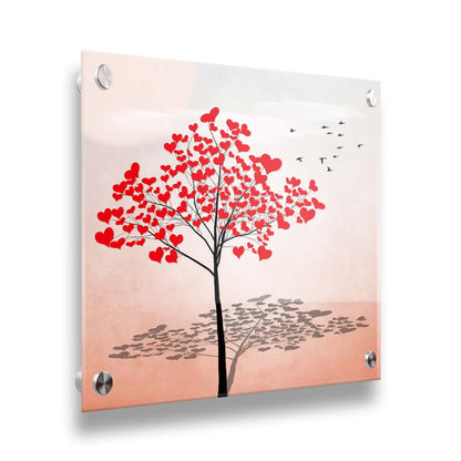 A graphic of a tree with red heart icons for leaves against a white and pink background. Printed on acrylic.