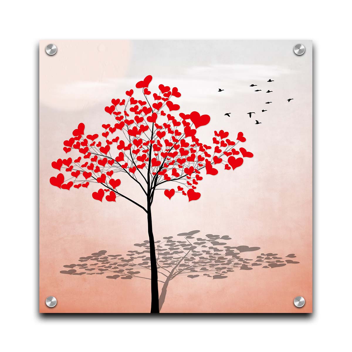 A graphic of a tree with red heart icons for leaves against a white and pink background. Printed on acrylic.