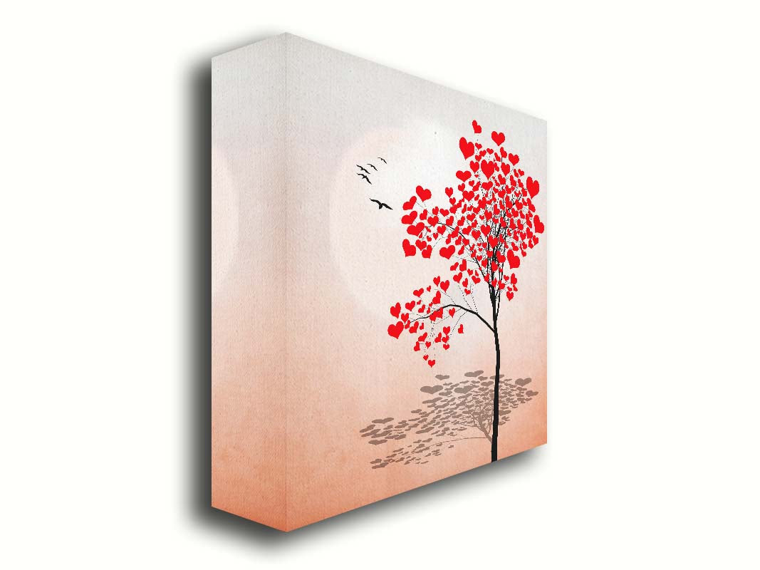 A graphic art depicting a tree with red hearts for leaves, set against a pink and white background. Printed on canvas.