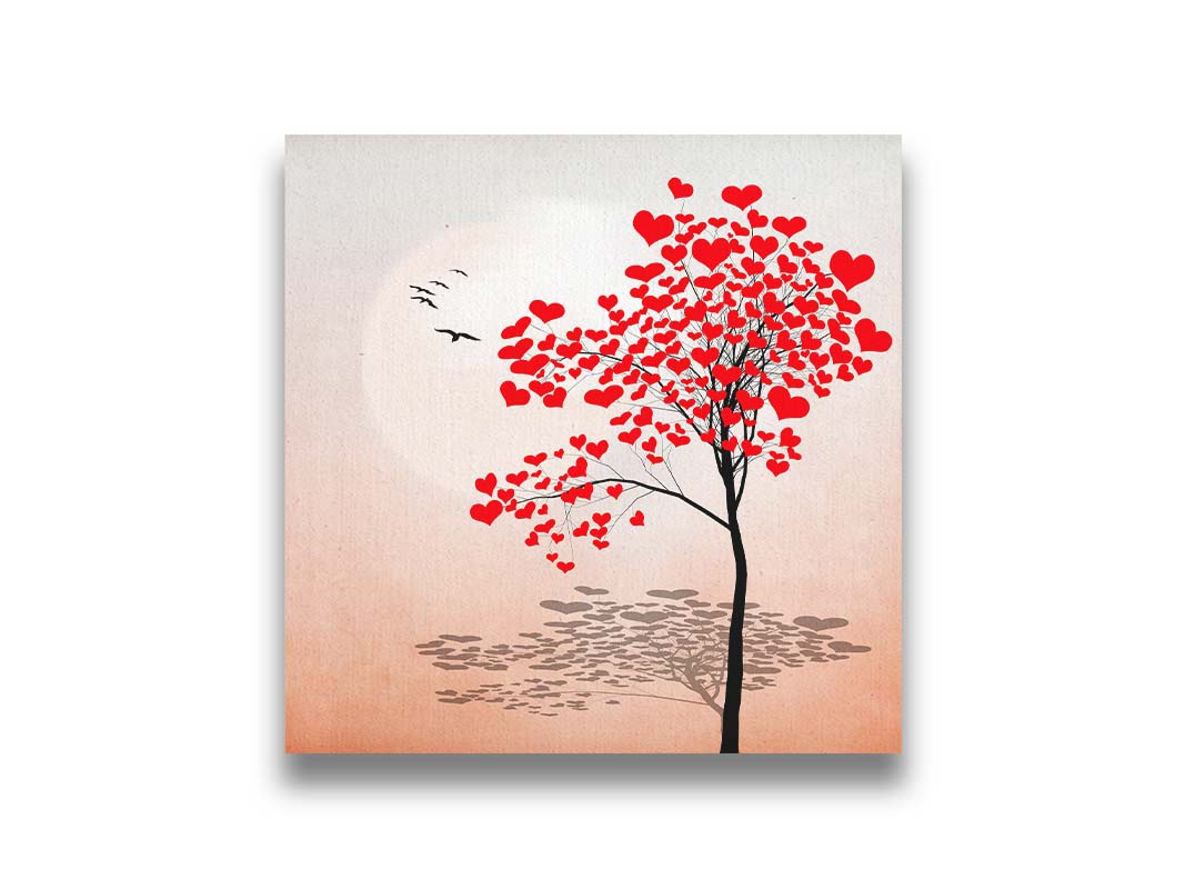 A graphic art depicting a tree with red hearts for leaves, set against a pink and white background. Printed on canvas.