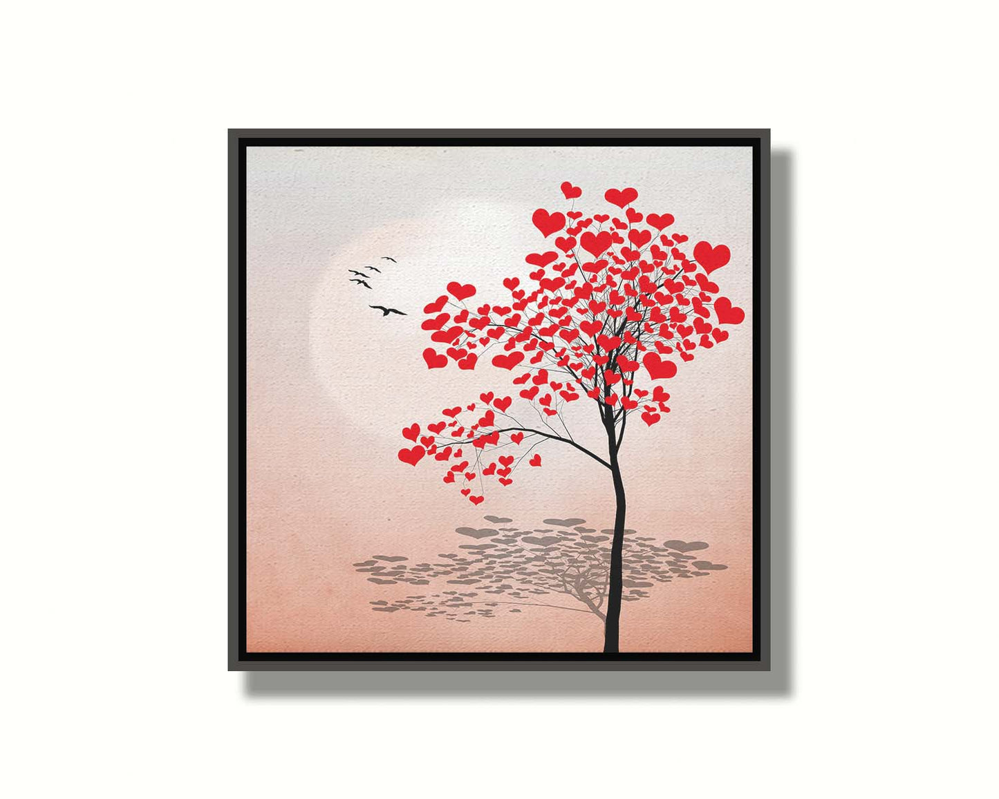 A graphic art depicting a tree with red hearts for leaves, set against a pink and white background. Printed on canvas in a float frame.