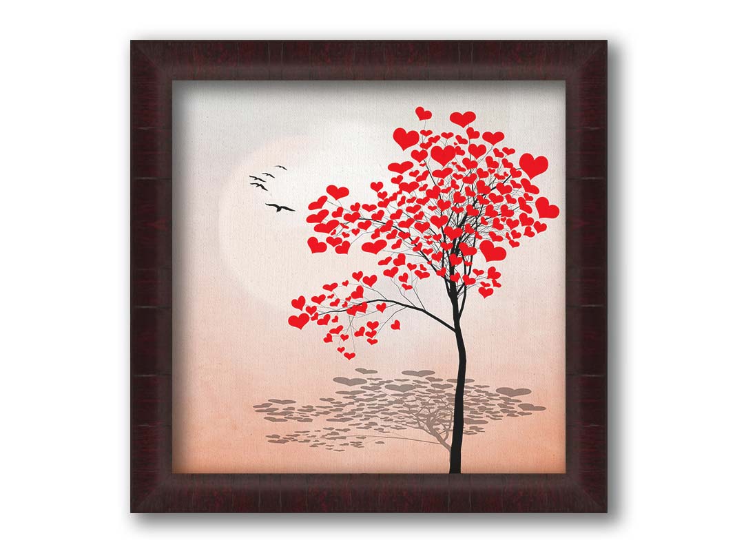 A graphic art depicting a tree with red hearts for leaves, set against a pink and white background. Printed on canvas and framed.