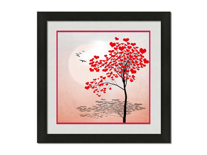 A graphic art depicting a tree with red hearts for leaves, set against a pink and white background. Printed on paper, matted, and framed.