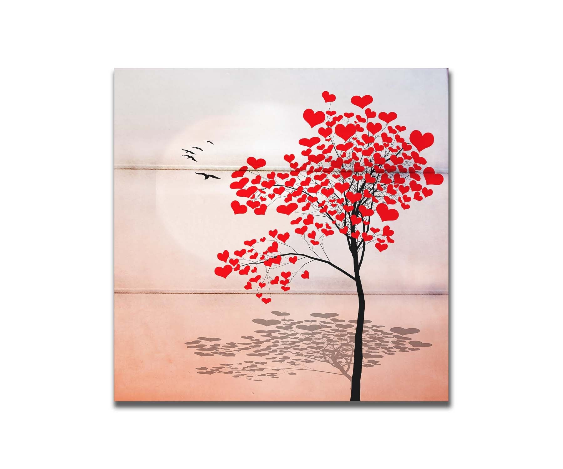 A graphic art depicting a tree with red hearts for leaves, set against a pink and white background. Printed on a box board.