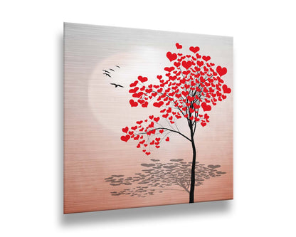 A graphic art depicting a tree with red hearts for leaves, set against a pink and white background. Printed on metal.