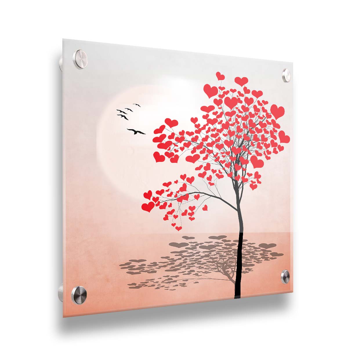 A graphic art depicting a tree with red hearts for leaves, set against a pink and white background. Printed on acrylic.