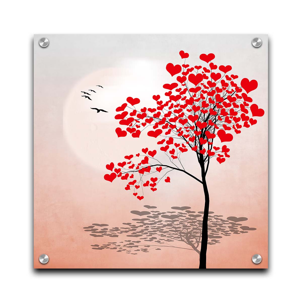 A graphic art depicting a tree with red hearts for leaves, set against a pink and white background. Printed on acrylic.