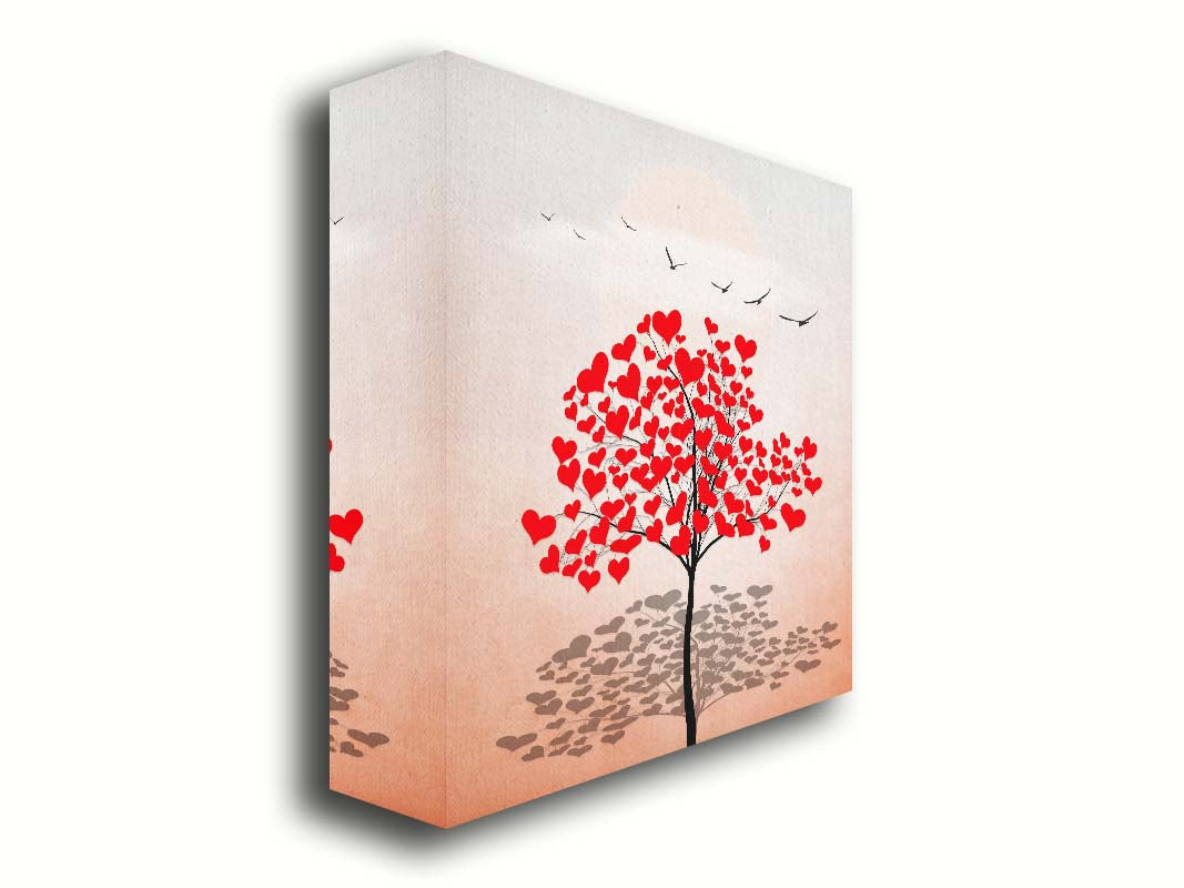 A graphic art piece of a tree with red hearts for leaves against a pink and white background, as birds fly overhead. Printed on canvas.