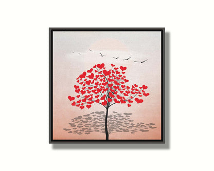 A graphic art piece of a tree with red hearts for leaves against a pink and white background, as birds fly overhead. Printed on canvas in a float frame.