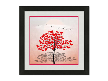 A graphic art piece of a tree with red hearts for leaves against a pink and white background, as birds fly overhead. Printed on paper, matted, and framed.