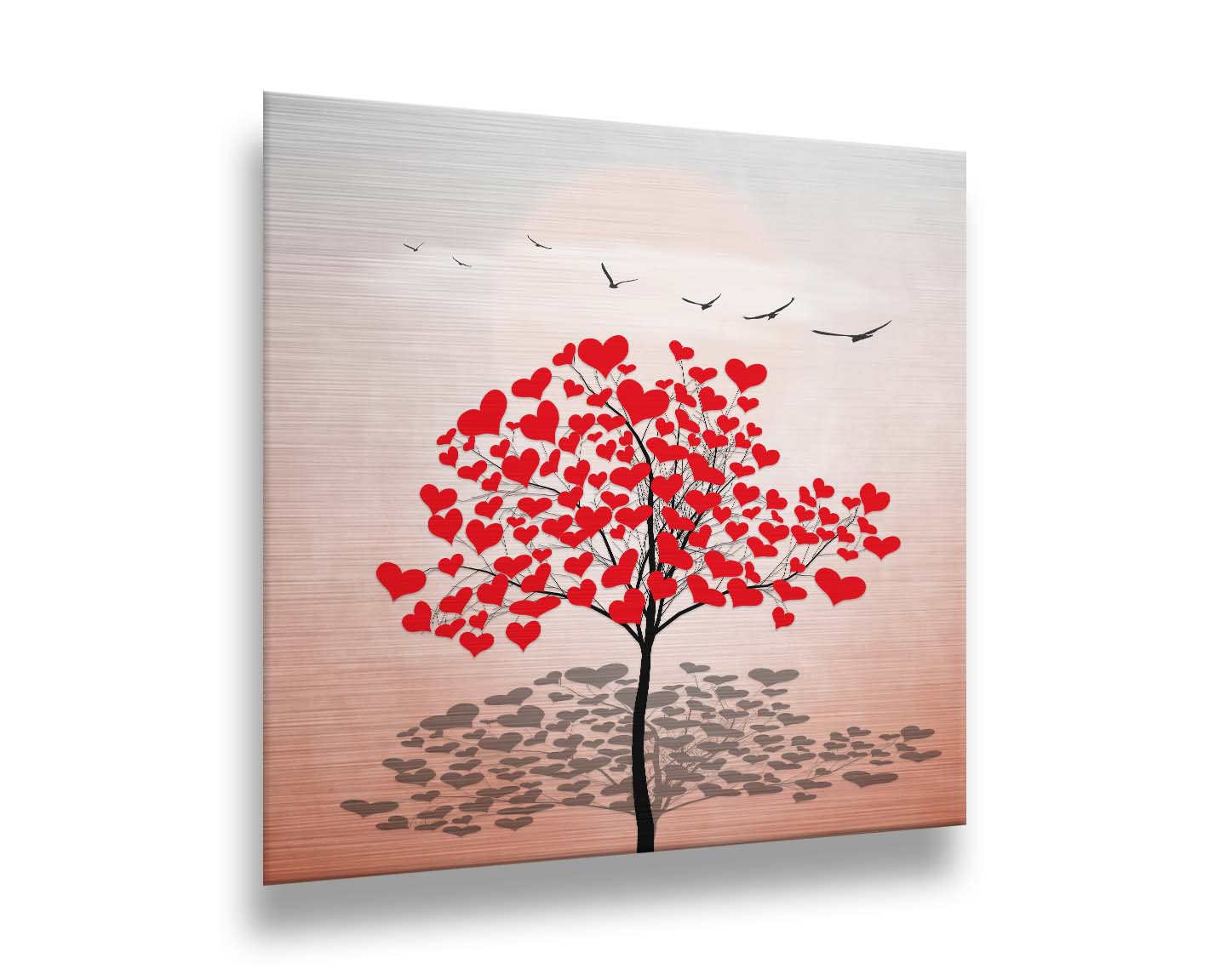 A graphic art piece of a tree with red hearts for leaves against a pink and white background, as birds fly overhead. Printed on metal.