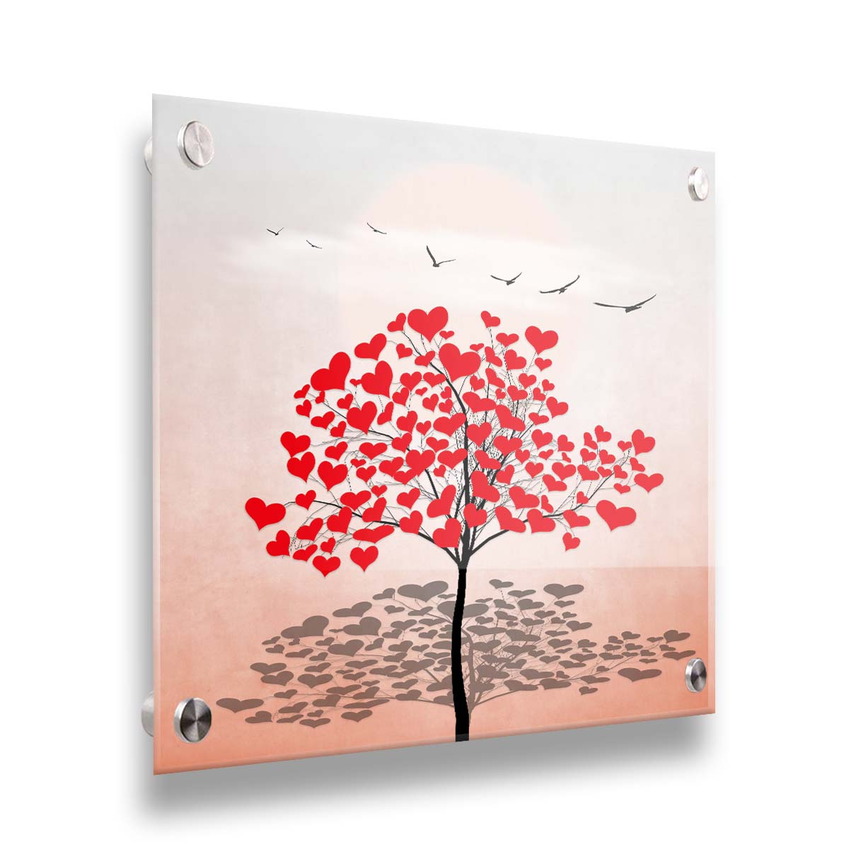 A graphic art piece of a tree with red hearts for leaves against a pink and white background, as birds fly overhead. Printed on acrylic.