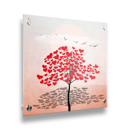 A graphic art piece of a tree with red hearts for leaves against a pink and white background, as birds fly overhead. Printed on acrylic.