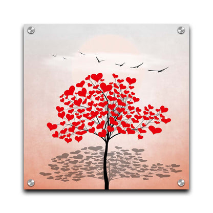 A graphic art piece of a tree with red hearts for leaves against a pink and white background, as birds fly overhead. Printed on acrylic.