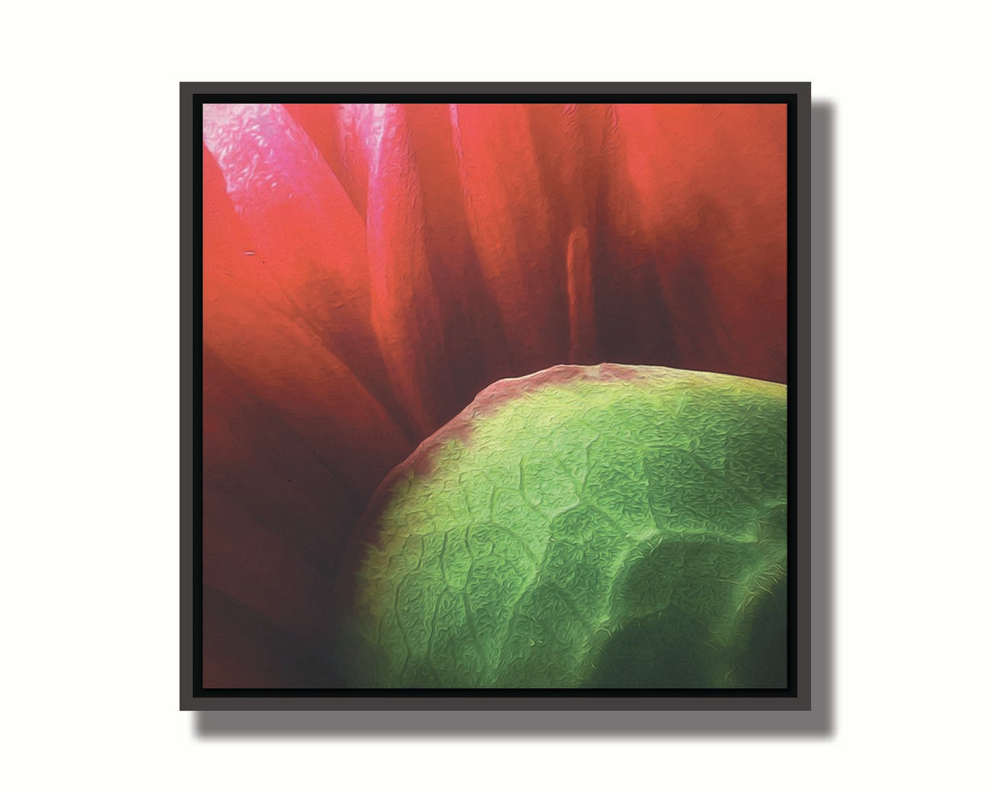 A macro photograph of a flower's red petals. Printed on canvas.