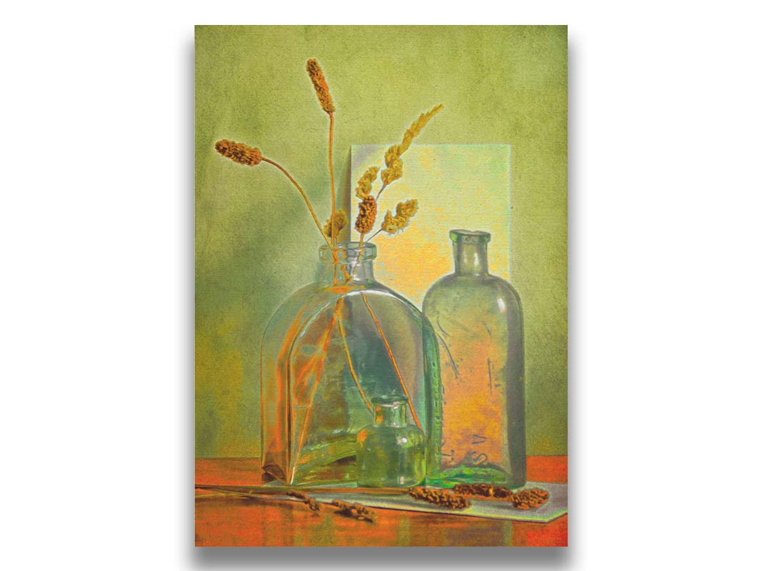 A photo of an arrangement of glass bottles and dried plant stems against a green wall, edited to have painterly qualities. Printed on canvas.