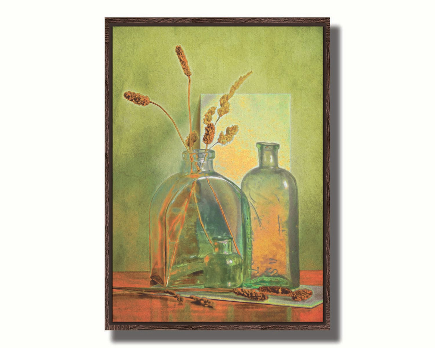 A photo of an arrangement of glass bottles and dried plant stems against a green wall, edited to have painterly qualities. Printed on canvas in a float frame.