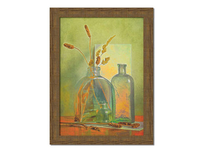 A photo of an arrangement of glass bottles and dried plant stems against a green wall, edited to have painterly qualities. Printed on canvas and framed.