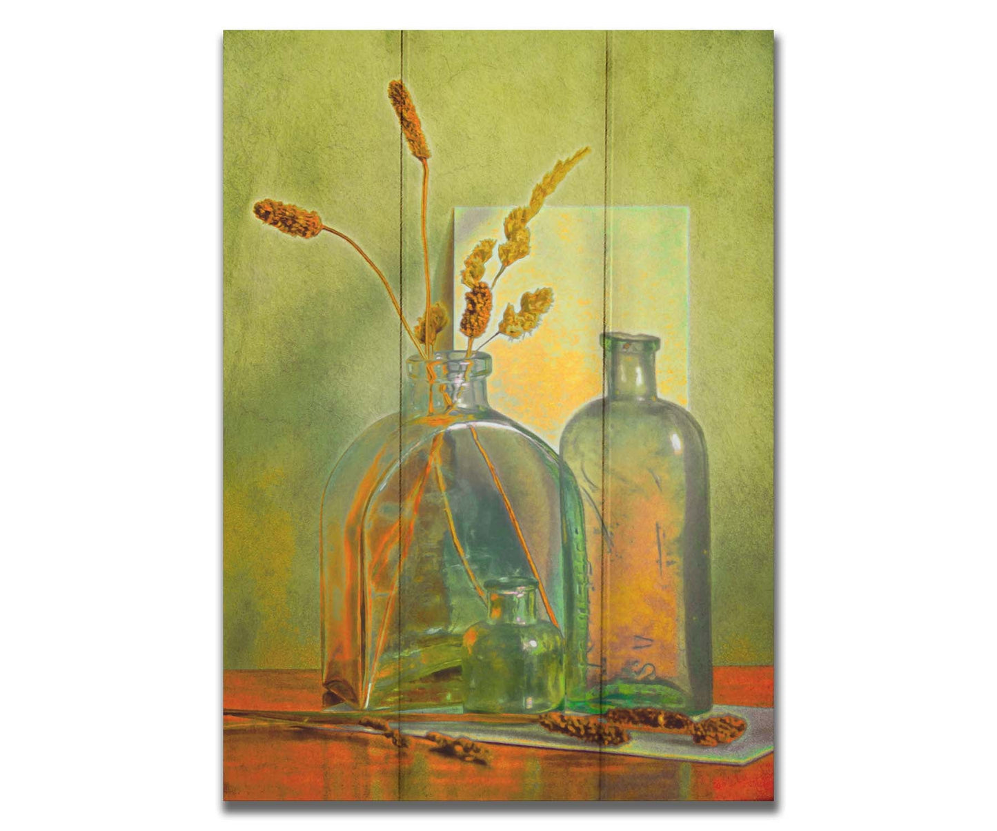 A photo of an arrangement of glass bottles and dried plant stems against a green wall, edited to have painterly qualities. Printed on a box board.