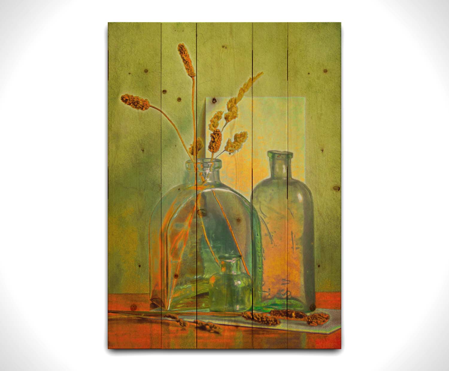 A photo of an arrangement of glass bottles and dried plant stems against a green wall, edited to have painterly qualities. Printed on a wood pallet.