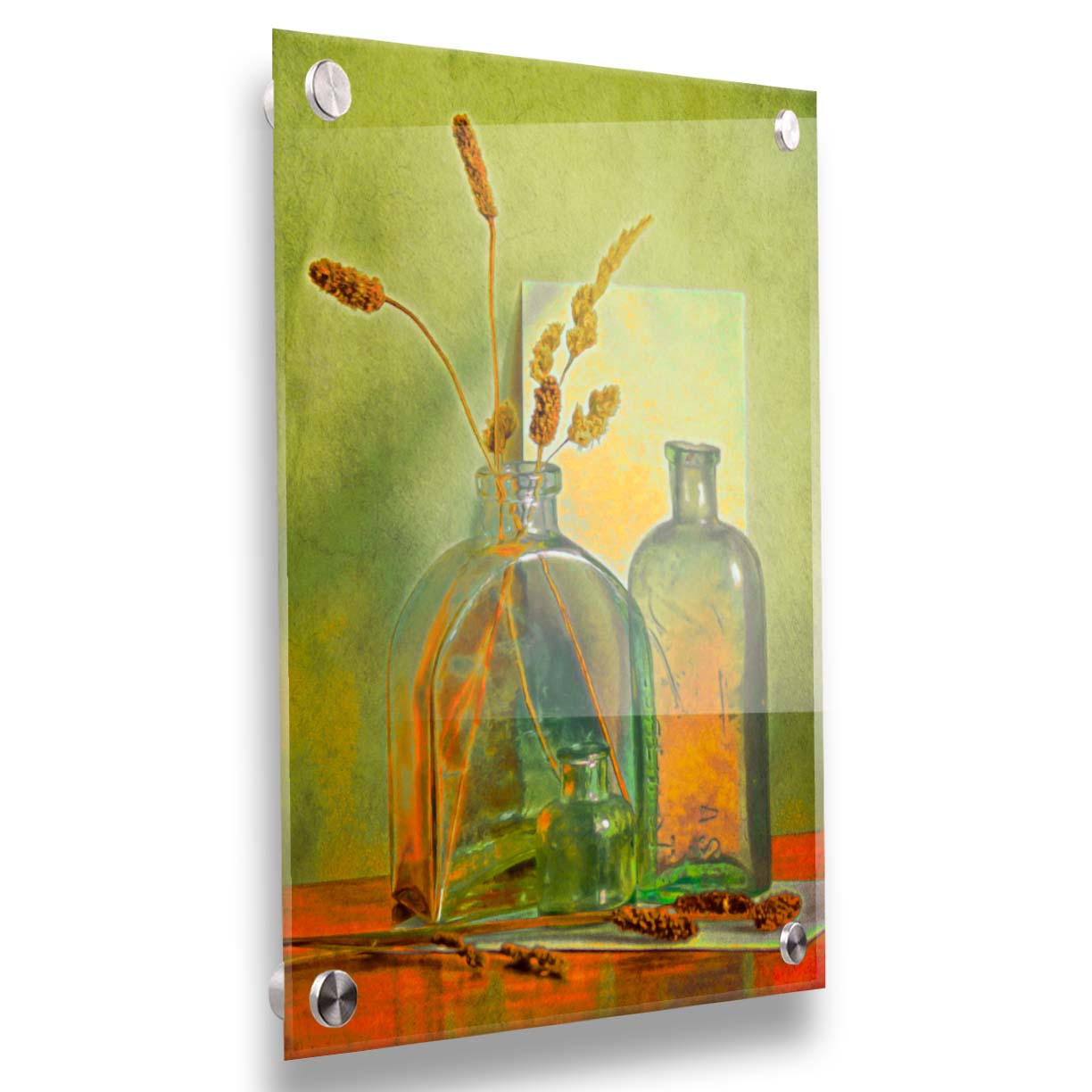 A photo of an arrangement of glass bottles and dried plant stems against a green wall, edited to have painterly qualities. Printed on acrylic.