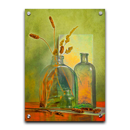 A photo of an arrangement of glass bottles and dried plant stems against a green wall, edited to have painterly qualities. Printed on acrylic.