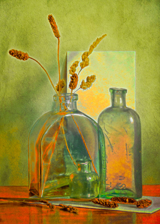 A photo of an arrangement of glass bottles and dried plant stems against a green wall, edited to have painterly qualities.