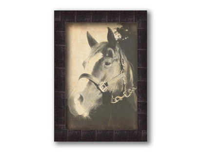 A portrait photo of a horse, taken in black and white and overlayed with brown wear and stain textures. Printed on canvas and framed.