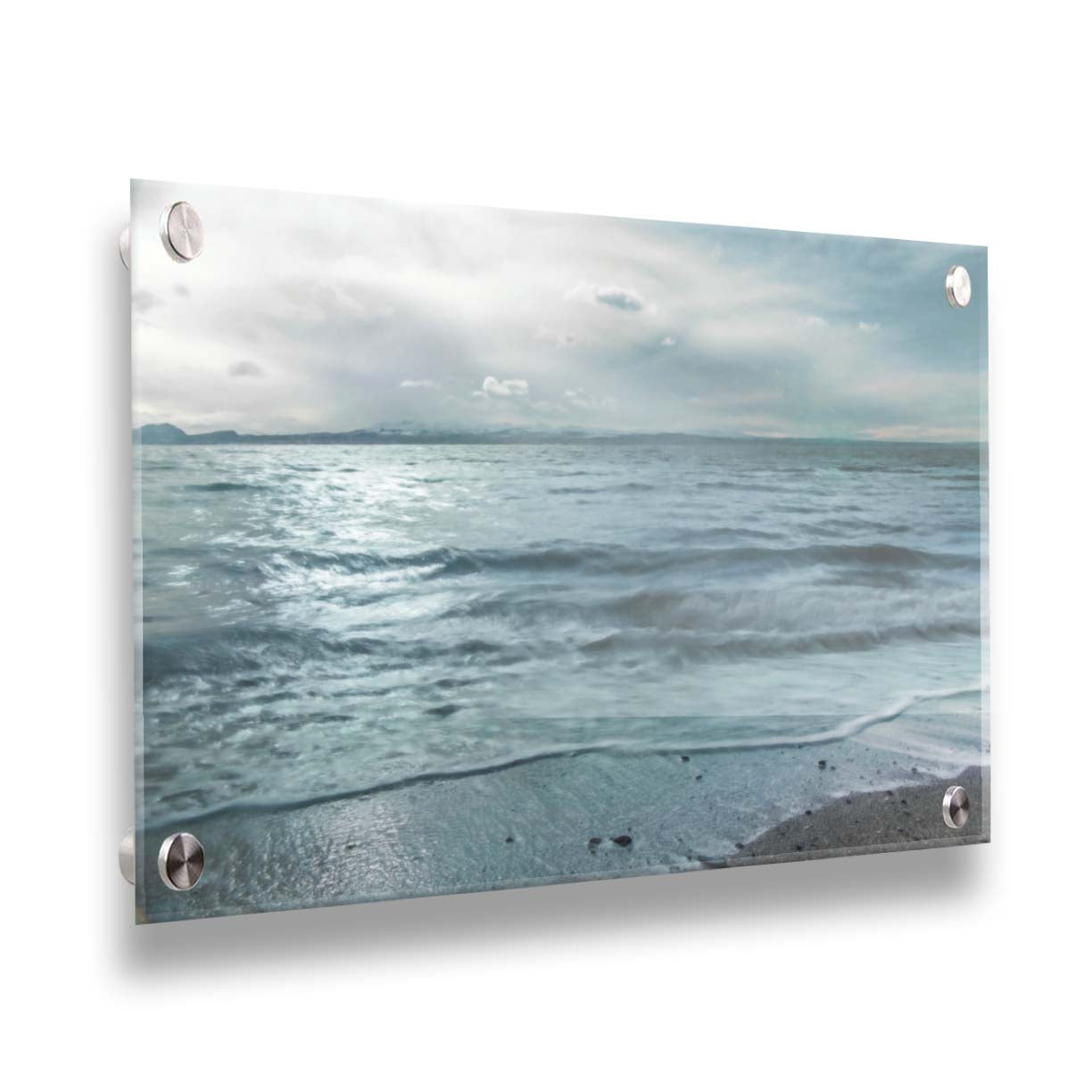 A photo of the sea on a cloudy day, creating a desaturated, stormy look. Printed on acrylic.