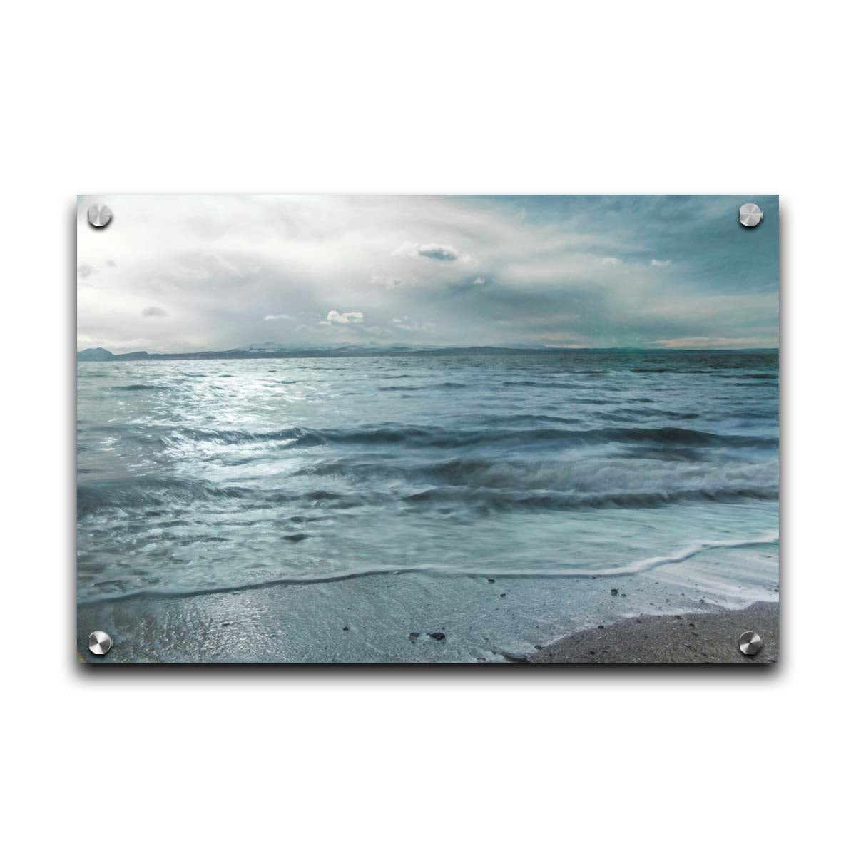 A photo of the sea on a cloudy day, creating a desaturated, stormy look. Printed on acrylic.