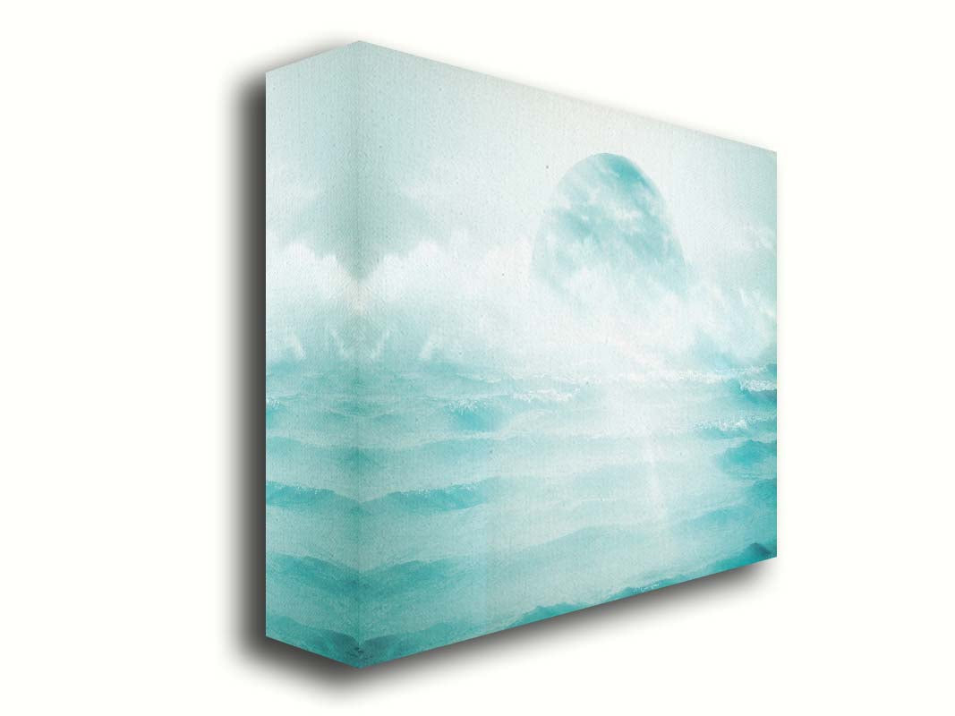 A surreal artistic photography edit of the moon sitting in the ocean. Its light reflects off the water and creates a glow through the fog and clouds just above the water. Printed on canvas.