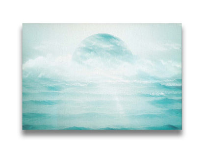 A surreal artistic photography edit of the moon sitting in the ocean. Its light reflects off the water and creates a glow through the fog and clouds just above the water. Printed on canvas.