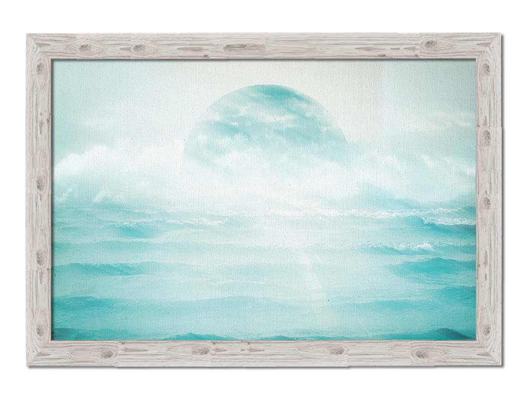 A surreal artistic photography edit of the moon sitting in the ocean. Its light reflects off the water and creates a glow through the fog and clouds just above the water. Printed on canvas and framed.