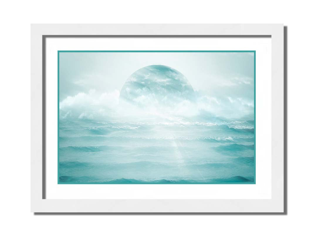 A surreal artistic photography edit of the moon sitting in the ocean. Its light reflects off the water and creates a glow through the fog and clouds just above the water. Printed on paper, matted, and framed.