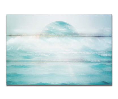 A surreal artistic photography edit of the moon sitting in the ocean. Its light reflects off the water and creates a glow through the fog and clouds just above the water. Printed on a box board.