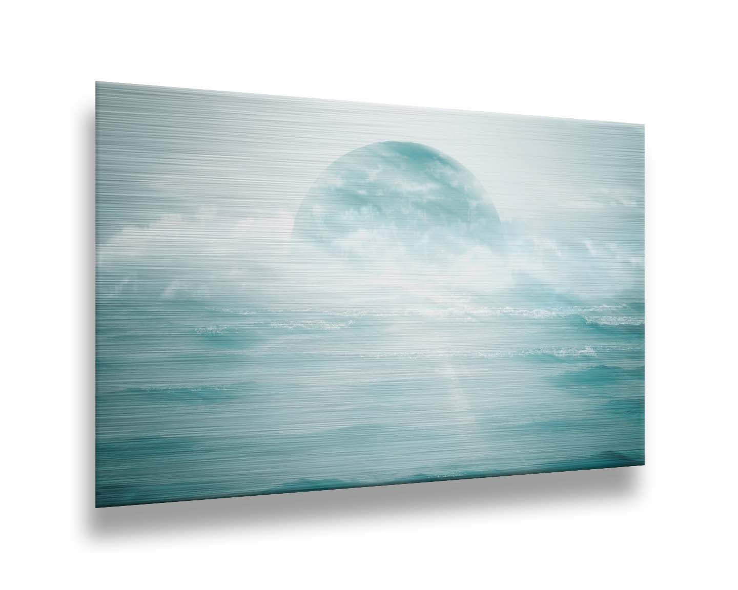 A surreal artistic photography edit of the moon sitting in the ocean. Its light reflects off the water and creates a glow through the fog and clouds just above the water. Printed on metal.