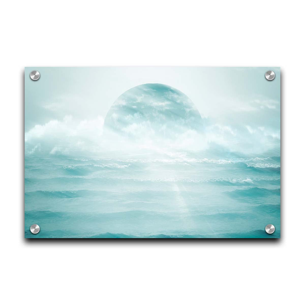 A surreal artistic photography edit of the moon sitting in the ocean. Its light reflects off the water and creates a glow through the fog and clouds just above the water. Printed on acrylic.