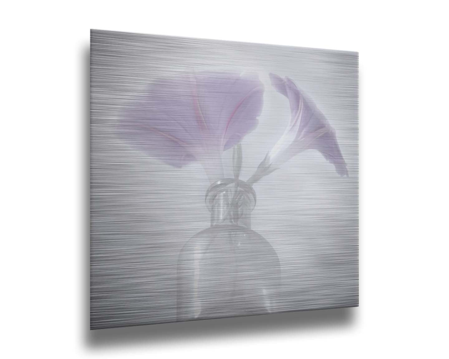 A close-up photo of pale purple morning glory flowers in a small glass vase with a white backdrop. Printed on metal.