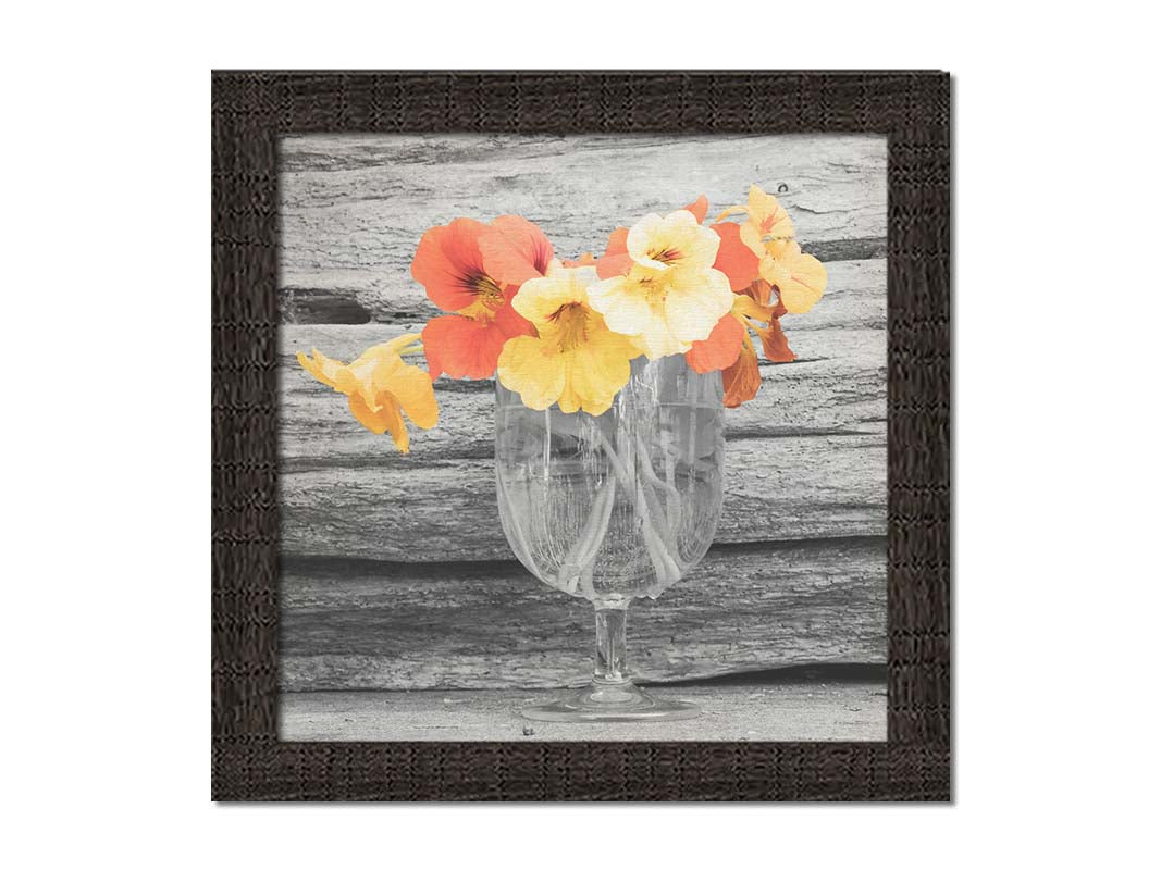 A grayscale photograph of a cup of water holding nasturtiums, against a wood wall. There is only one pop of color through the orange and yellow flower petals. Printed on canvas and framed.