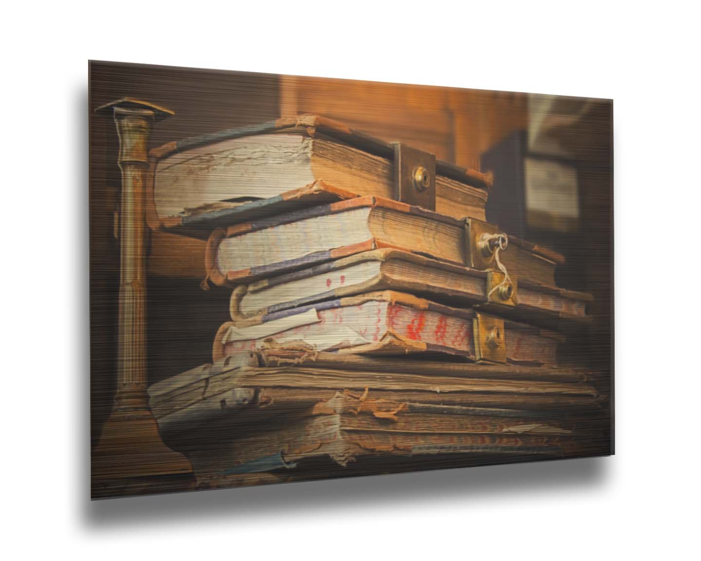 A photo of a stack of worn books, many bound shut by brassy locks. Printed on metal.