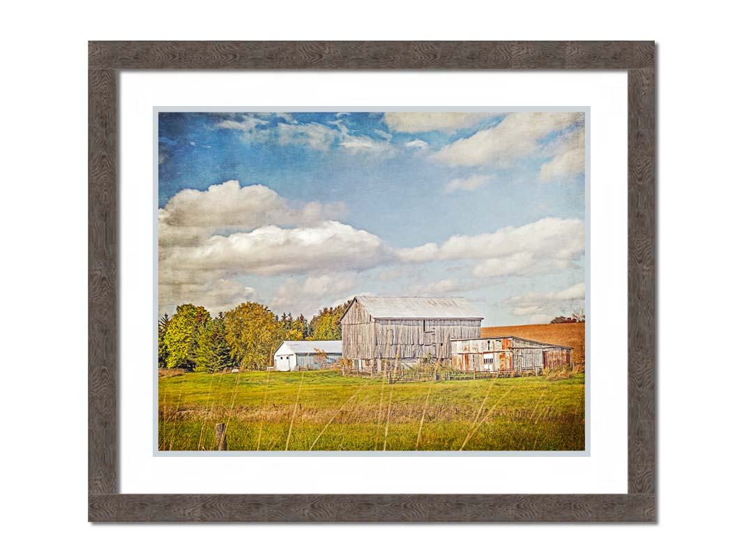 A photo of several barns, their associated pastures, and fields. The early signs of fall are present in the steadily changing leaves and crops. The sky above is wide, blue, and populated with fluffy clouds. Printed on paper, matted, and framed.