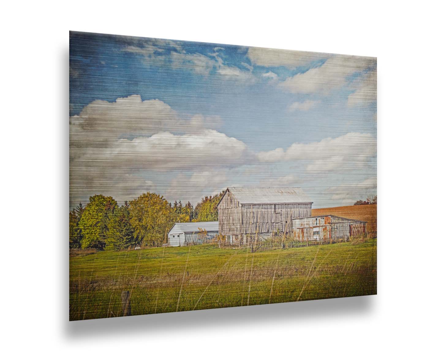 A photo of several barns, their associated pastures, and fields. The early signs of fall are present in the steadily changing leaves and crops. The sky above is wide, blue, and populated with fluffy clouds. Printed on metal.