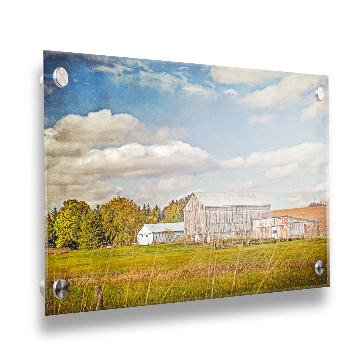 A photo of several barns, their associated pastures, and fields. The early signs of fall are present in the steadily changing leaves and crops. The sky above is wide, blue, and populated with fluffy clouds. Printed on acrylic.