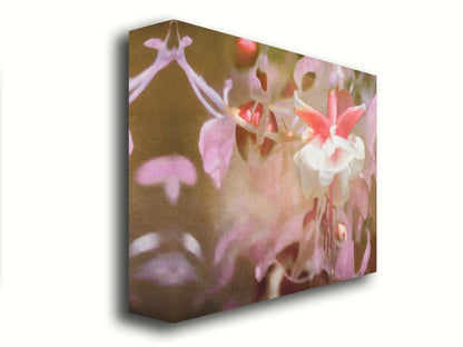 A closeup photo of a pink fuchsia plant, featuring flowers and berries. Printed on canvas.