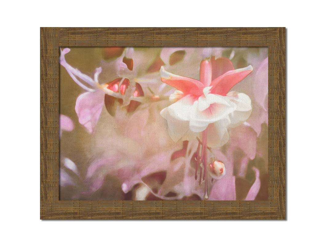 A closeup photo of a pink fuchsia plant, featuring flowers and berries. Printed on canvas and framed.