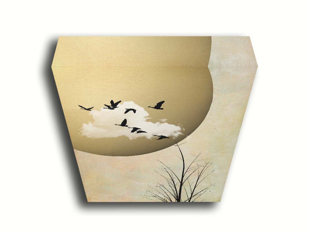 A photo collage art piece of migratory birds flying south for the winter, silhouetted against a big gold moon. Printed on canvas.