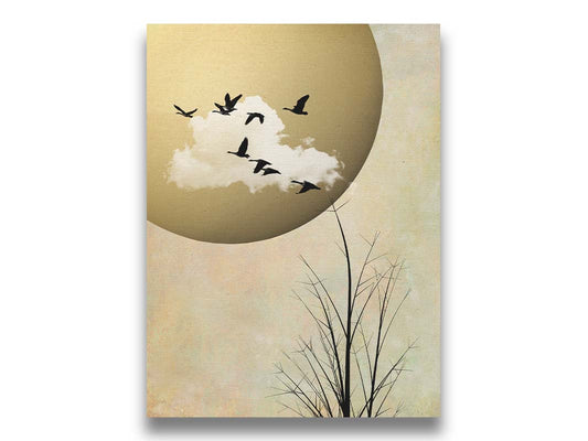 A photo collage art piece of migratory birds flying south for the winter, silhouetted against a big gold moon. Printed on canvas.