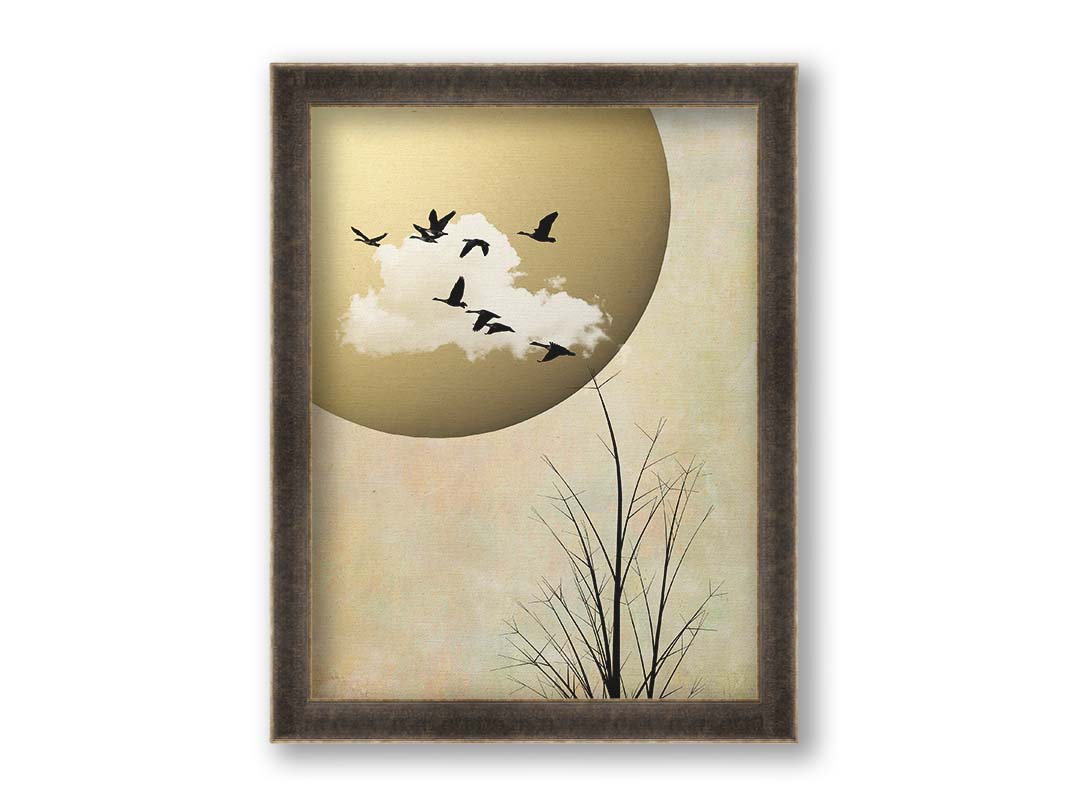 A photo collage art piece of migratory birds flying south for the winter, silhouetted against a big gold moon. Printed on canvas and framed.